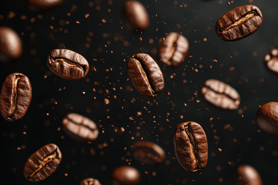 Dark roast coffee beans being grinded